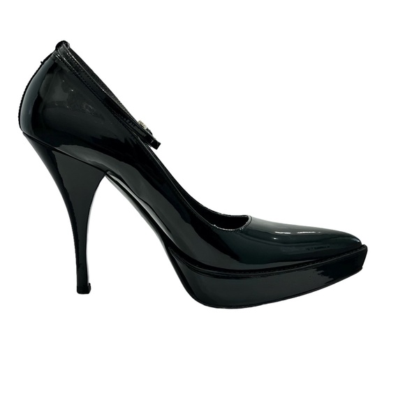 PRADA BLACK PATENT LEATHER POINTED TOE ANKLE STRAP PLATFORM STILETTO HEELS - Picture 14 of 16